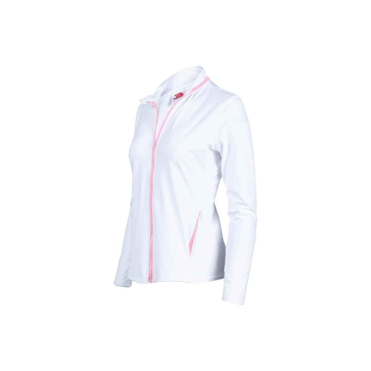 White jacket with pink zipper on a white background
