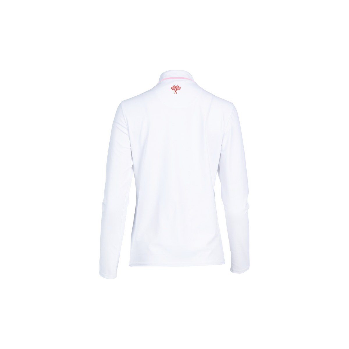 White long-sleeve jacket with a small logo on the back against a white background