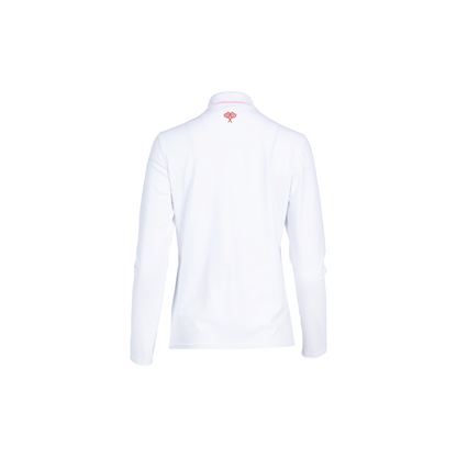 White long-sleeve jacket with a small logo on the back against a white background