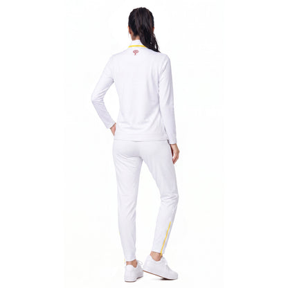 A woman shown from the back wearing a white athletic tracksuit with a long-sleeve top and matching jogger pants, featuring small yellow and red accents on the collar and leg.