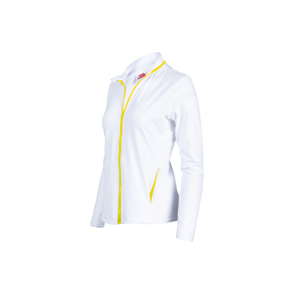 White jacket with yellow zipper on a white background