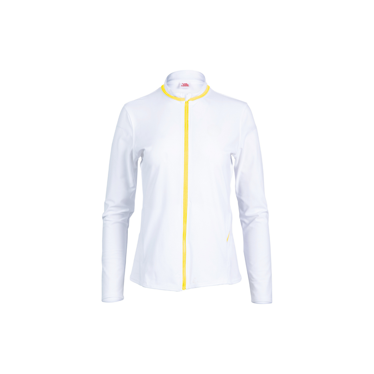 White jacket with a yellow zipper on a white background