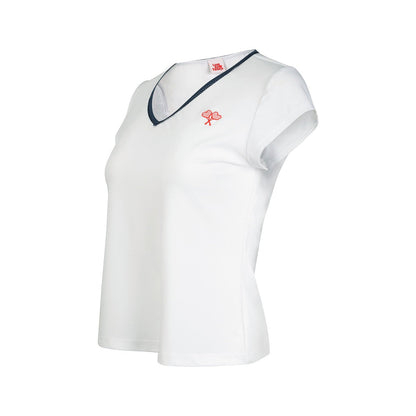 White top with a small logo on a white background