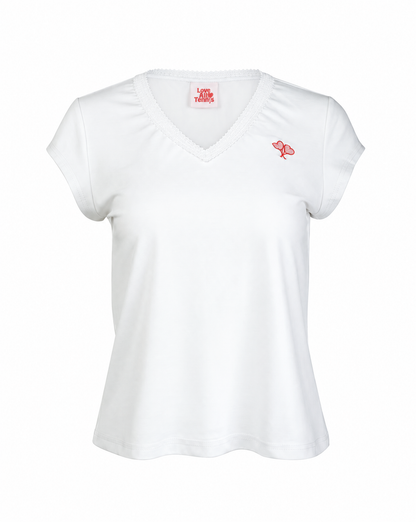A white short-sleeve V-neck t-shirt with a small red embroidered fish logo on the left chest, displayed on a clean white background.