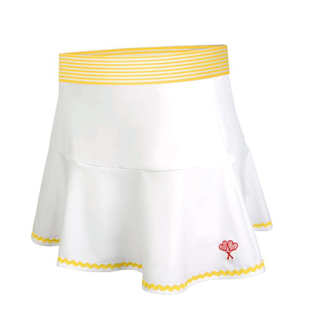White skirt with yellow trim and red heart design on a white background