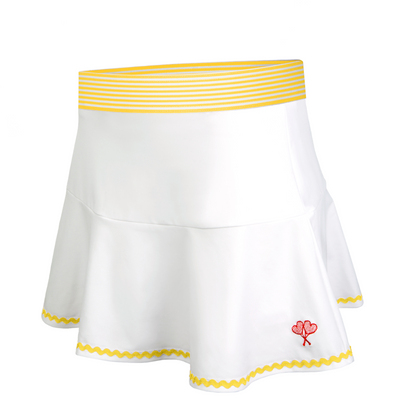 White skirt with yellow trim and red heart design on a white background