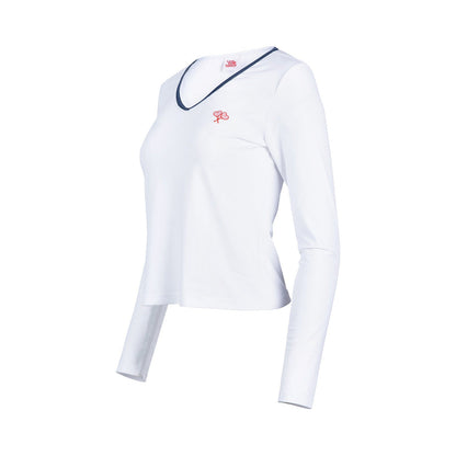 White long-sleeve shirt with a logo on a white background