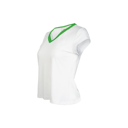 White t-shirt with green neckline on a white background