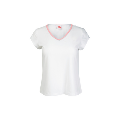 White t-shirt with pink trim on a white background