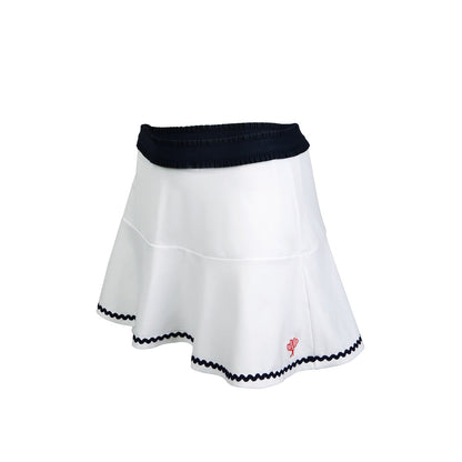 White skirt with navy trim on a white background