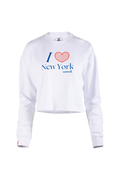 White sweatshirt with 'I ❤️ New York' text on a white background