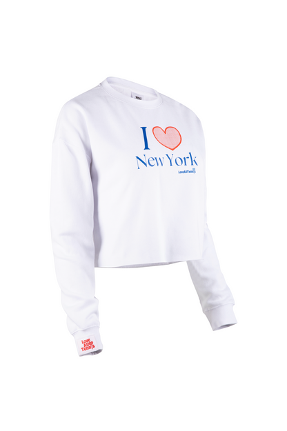 White sweatshirt with 'I ❤️ New York' text on a white background