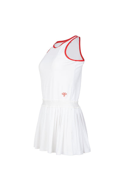 White dress with red accents on a white background