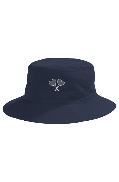 Navy bucket hat with tennis racket emblem on a white background