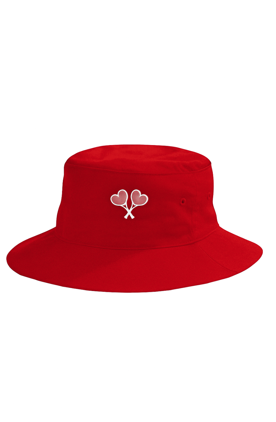 Red bucket hat with a white logo on a white background