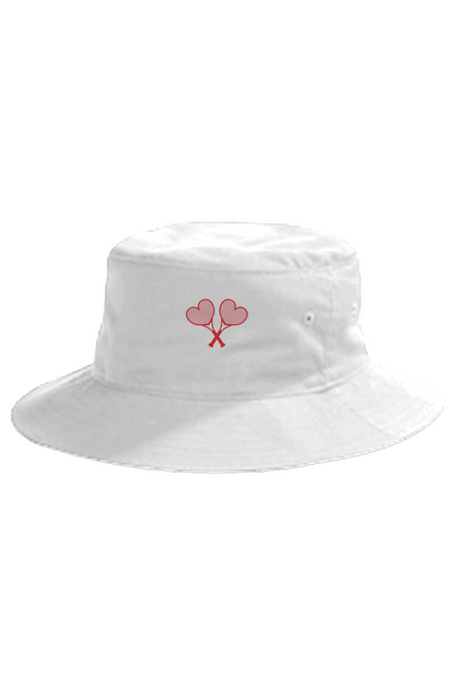 White bucket hat with red heart crossed tennis rackets logo on flat white background