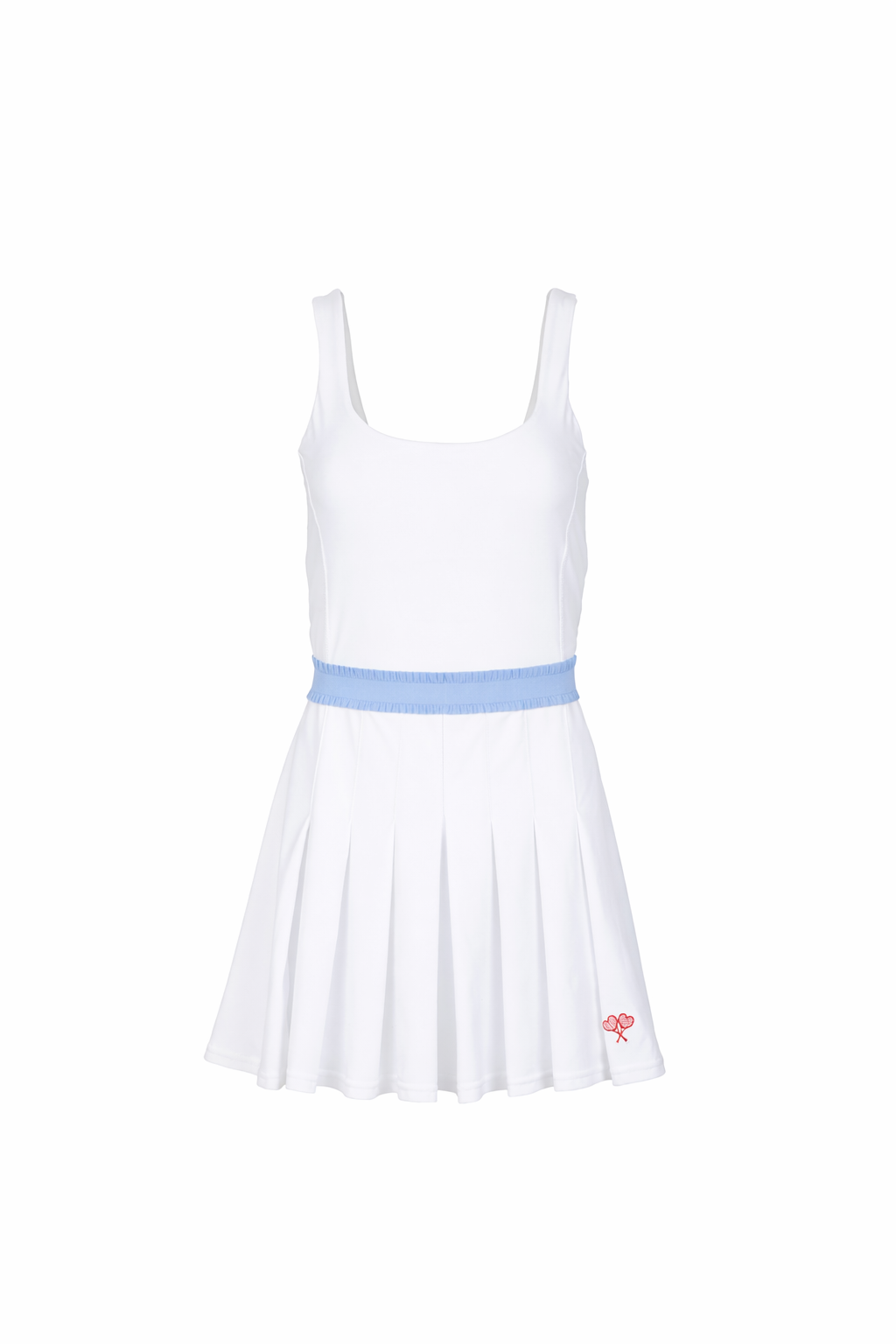 White dress with a light blue waist on a white background
