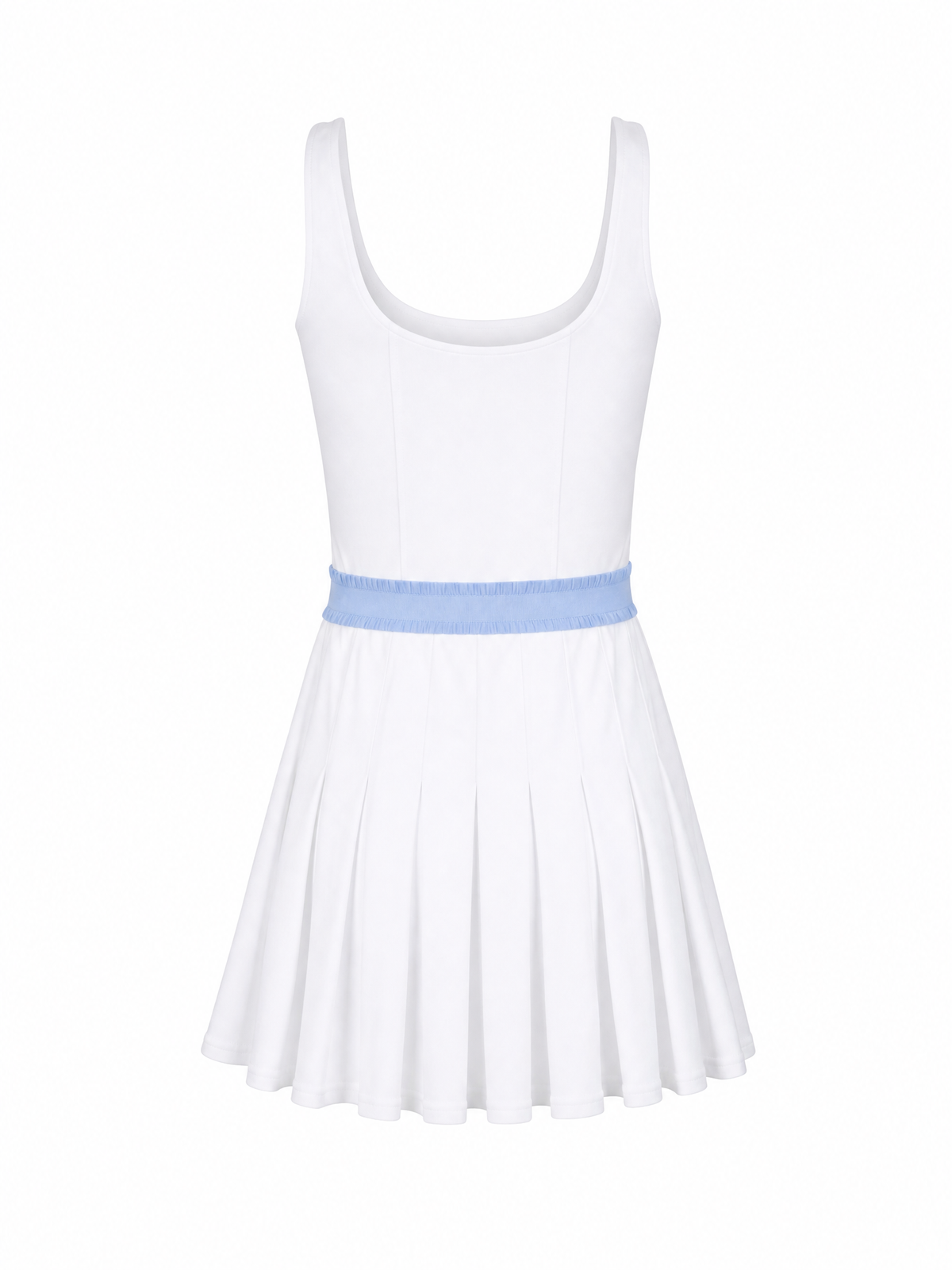 A white sleeveless scoop-neck dress with a pleated skirt and a light blue textured waistband, shown against a plain white background.
