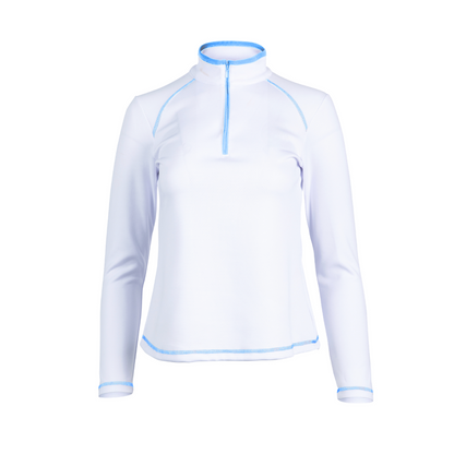 White long-sleeve shirt with blue accents on a white background