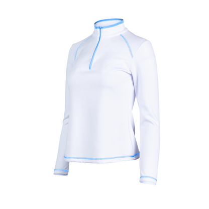 White long-sleeve shirt with blue accents on a white background