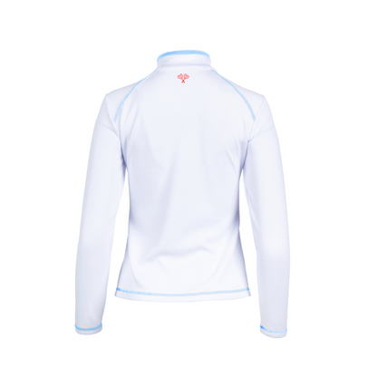 White long-sleeve shirt with blue accents on a white background