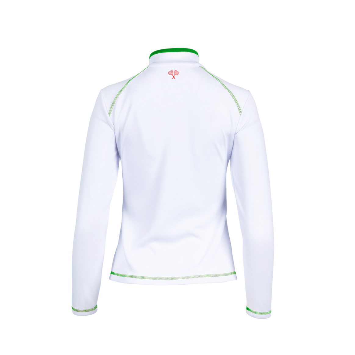 White long-sleeve shirt with green accents on a white background