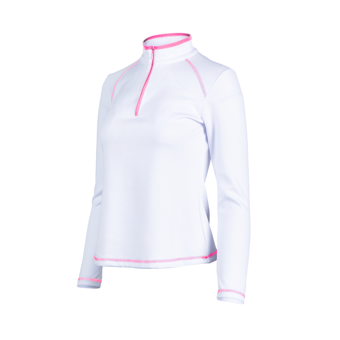 White long-sleeve shirt with pink accents on a white background