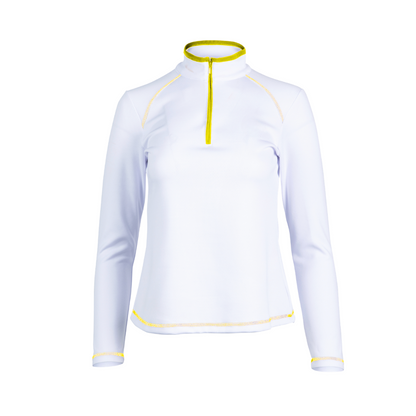 White long-sleeve top with yellow accents on a white background