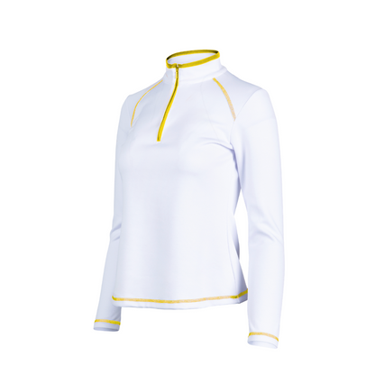 White long-sleeve top with yellow accents on a white background