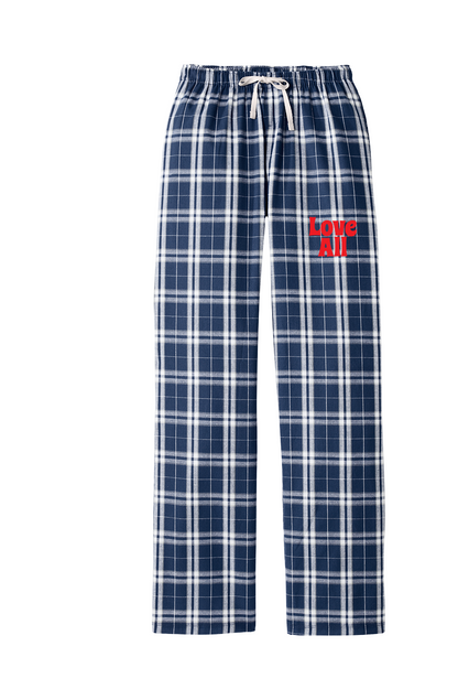 Navy and white plaid pajama pants with red logo text "Love All" on a flat white background