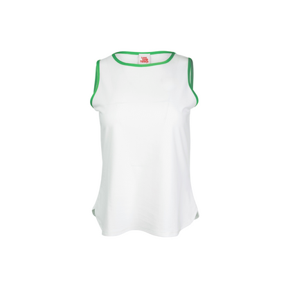 White sleeveless shirt with green trim on a white background