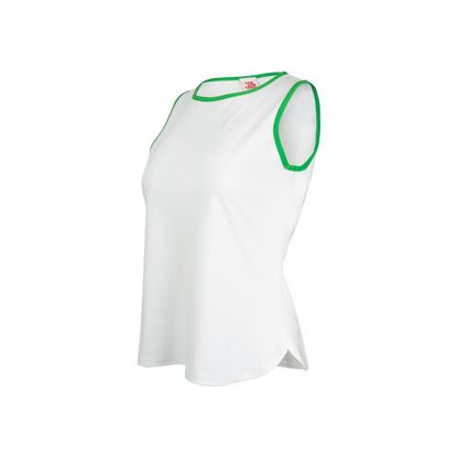 White tank top with green trim on a white background