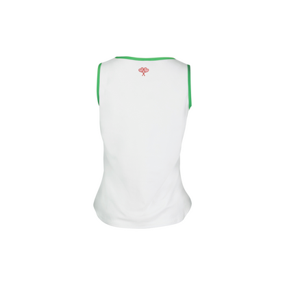 White sleeveless top with green trim on a white background