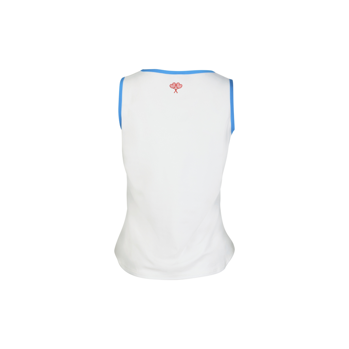White sleeveless shirt with blue trim on a white background
