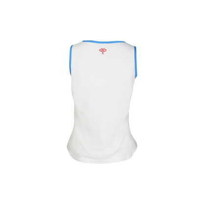 White sleeveless shirt with blue trim on a white background