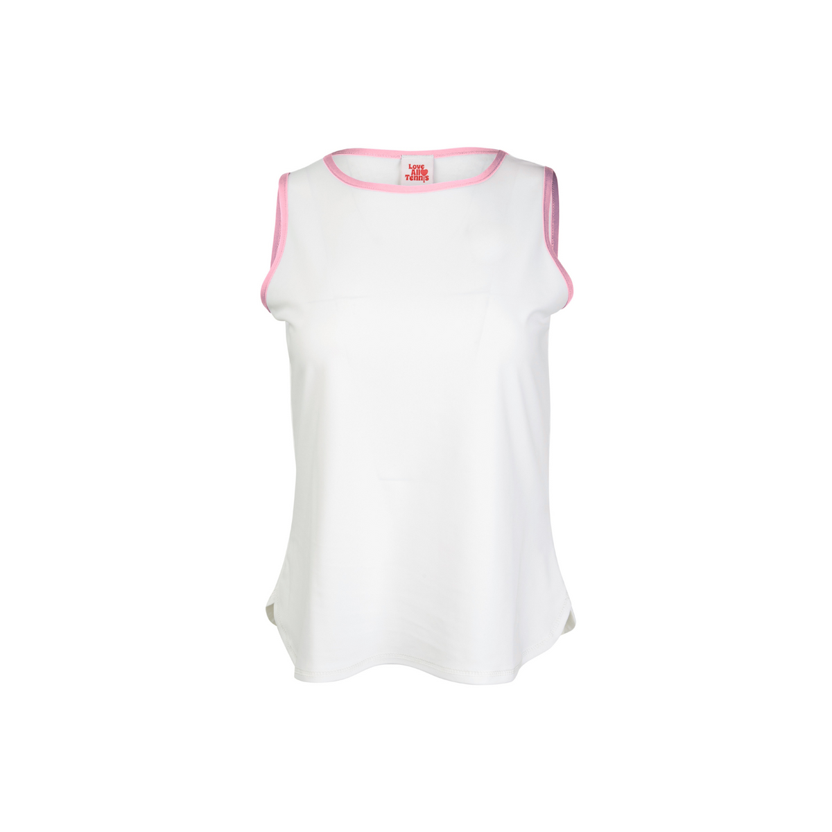 White sleeveless top with pink trim on a white background