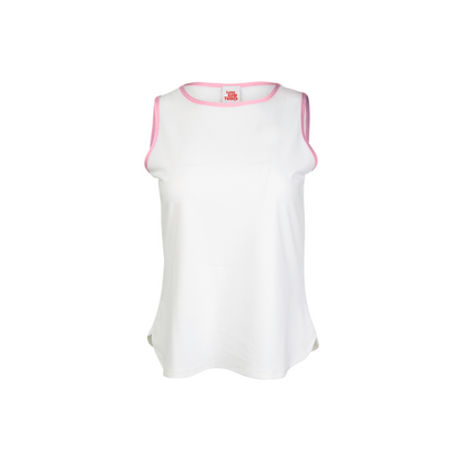 White sleeveless top with pink trim on a white background