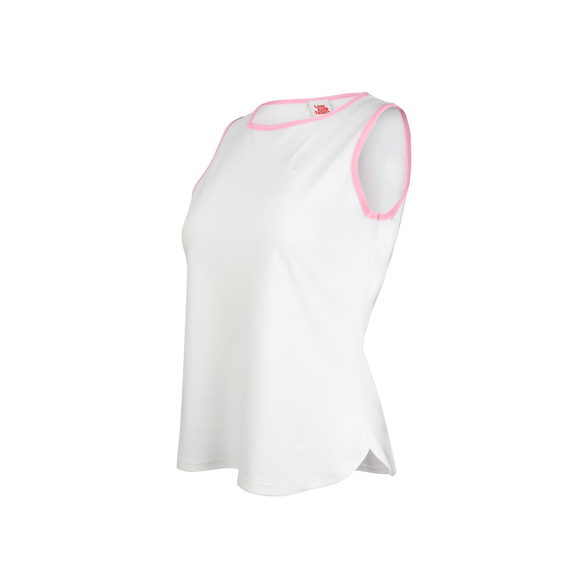 White tank top with pink trim on a white background