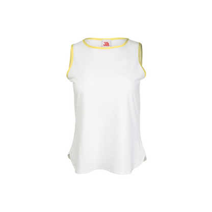 White sleeveless shirt with yellow trim on a white background