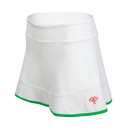 White tennis skirt with green hem and red logo on a white background