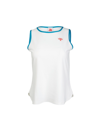 White sleeveless top with blue trim on a white background