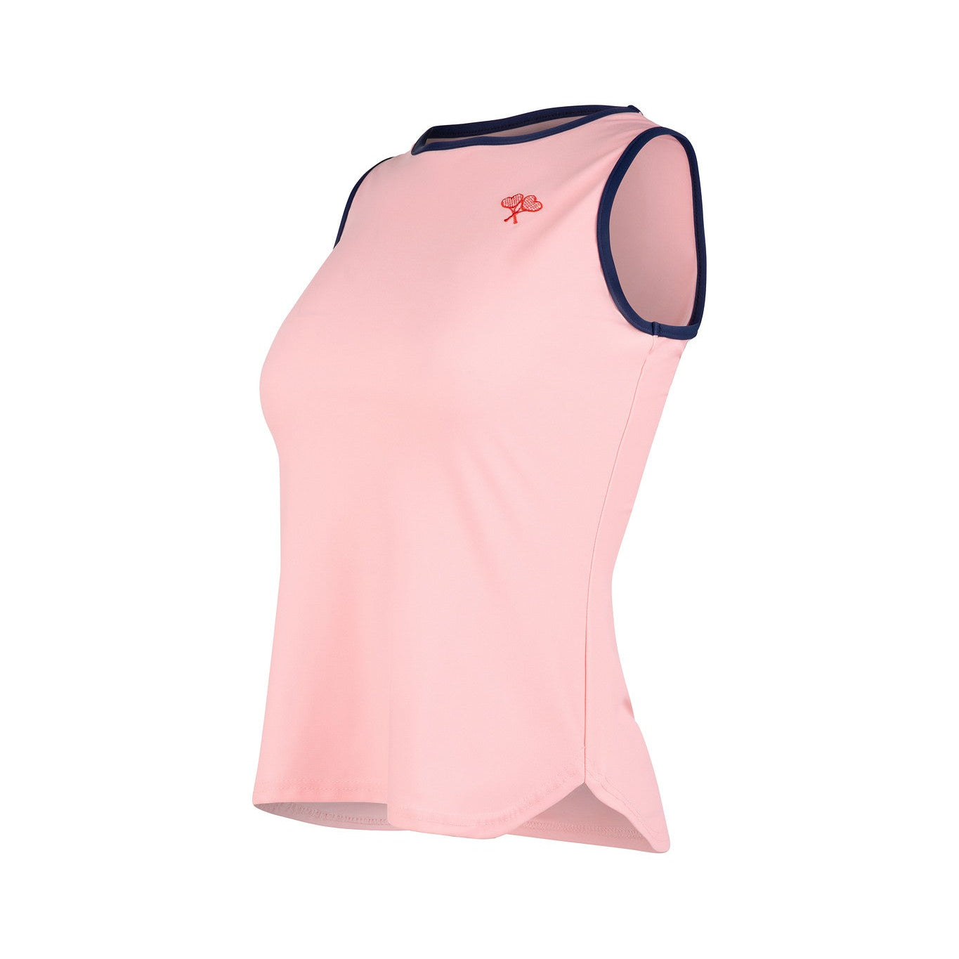 Pink sleeveless top with a brand logo on a white background