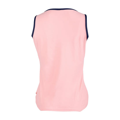 Pink sleeveless top with navy trim on a white background