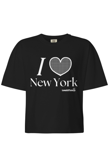 Black t-shirt with 'I ❤️ New York' text on a white background