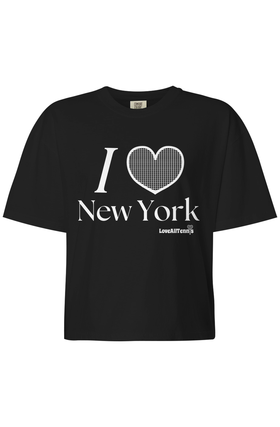 Black t-shirt with 'I ❤️ New York' text on a white background