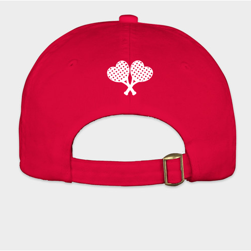 Red cap with white logo on a light gray background