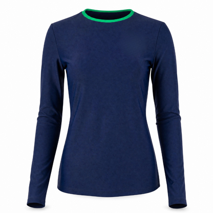 A women's long-sleeve crewneck top in navy blue with a contrasting bright green trim around the collar, shown on a plain white background.
