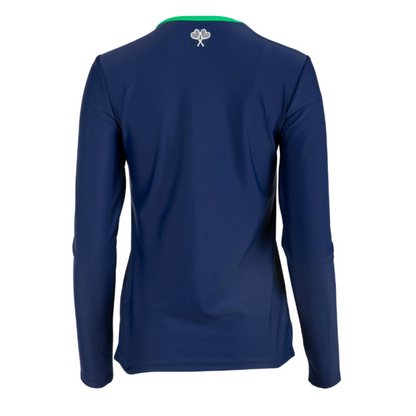 A navy blue long-sleeve athletic top shown from the back, featuring a small white logo centered below the collar with a green inner neck lining.
