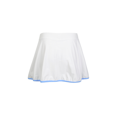 White tennis skirt with light blue trim show on a flat white background