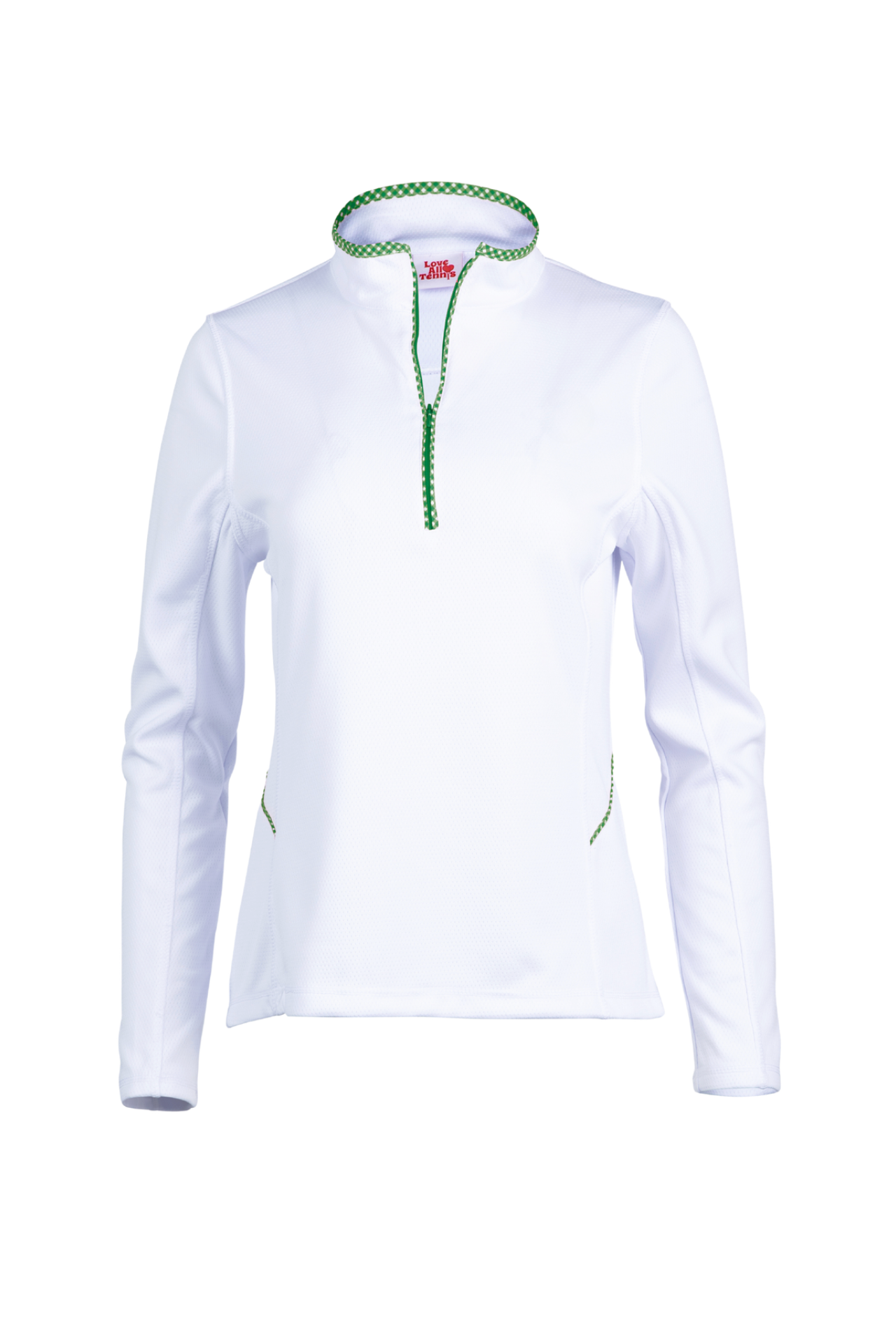 White long-sleeve shirt with green zipper on a white background